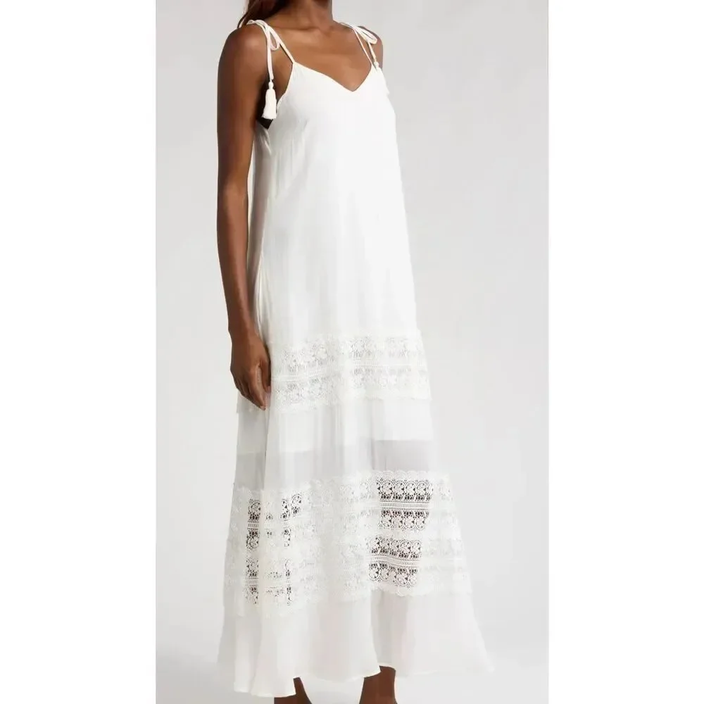 Elan Size XS Tie Strap Lace Swimsuit Cover Up Maxi Dress White Coastal Vacation
